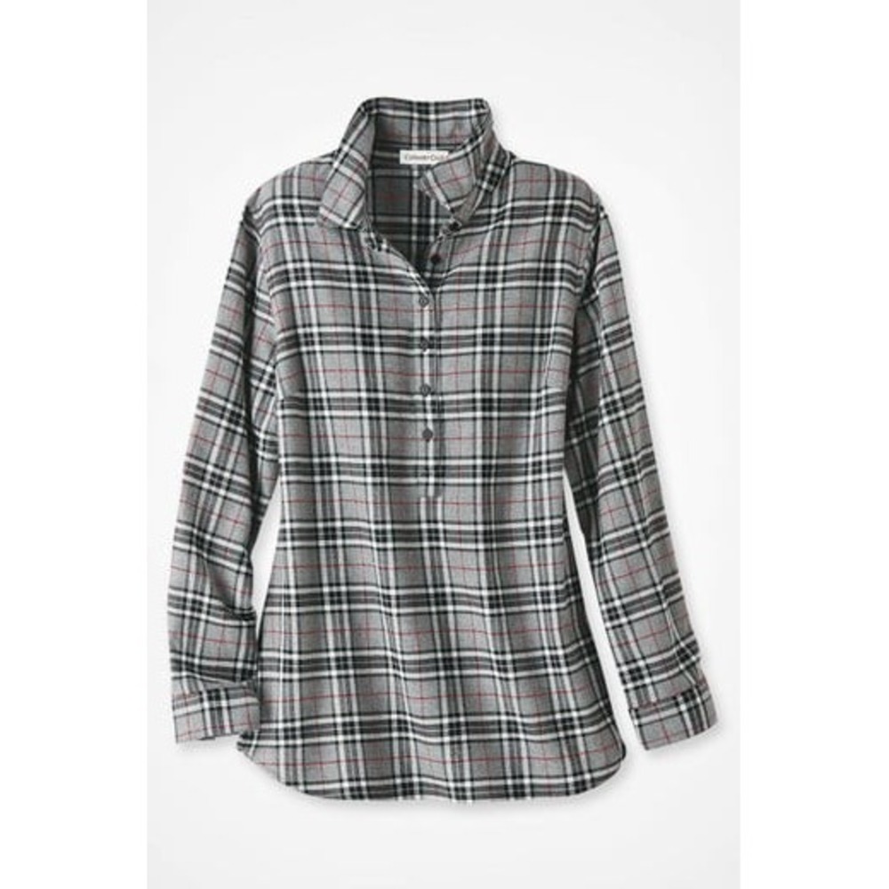 Coldwater Creek Womens Preppy Gray Plaid Soft Cotton 1/2 Button Tunic Blouse 2X